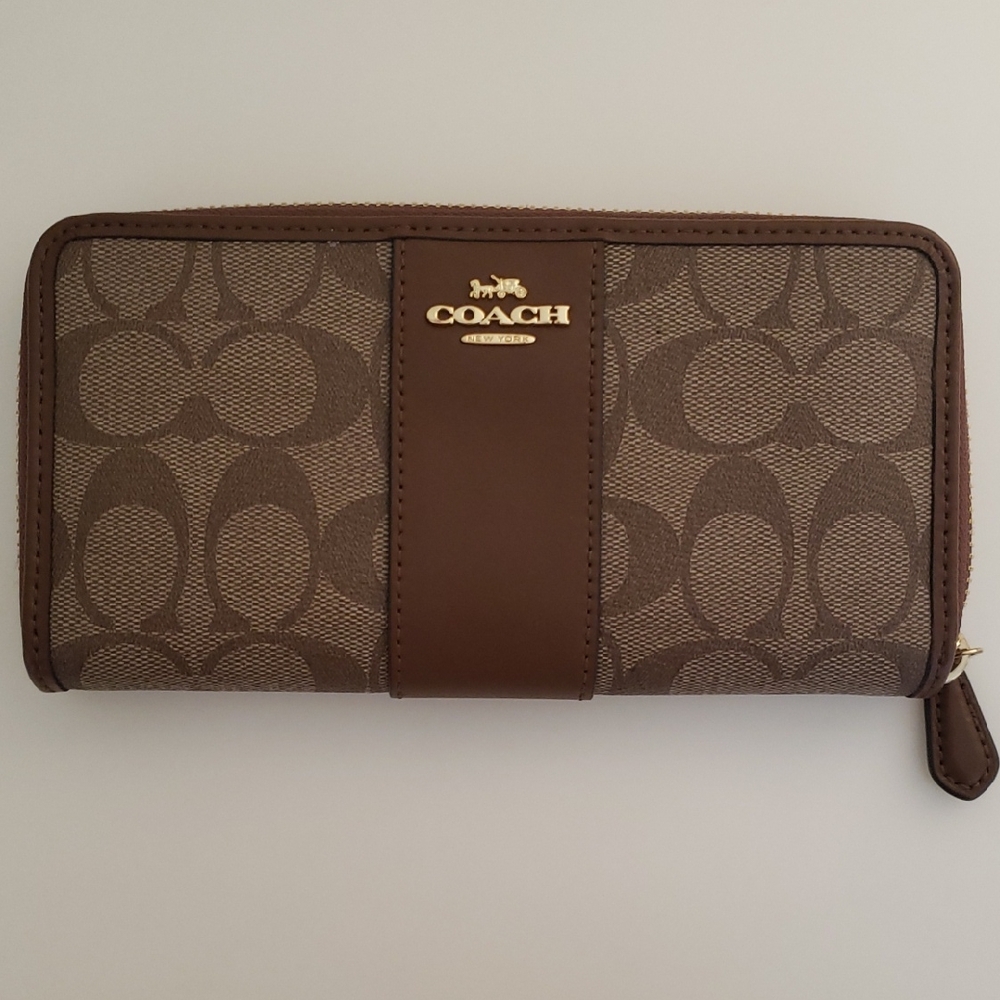 Coach Tan and Brown Signature Accordian Zip Wallet